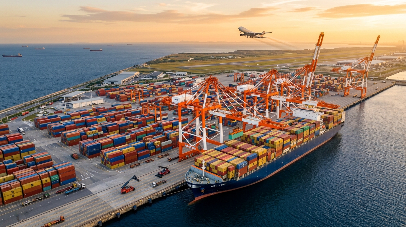 Vista aérea de terminal portuário com containers e navio cargueiro