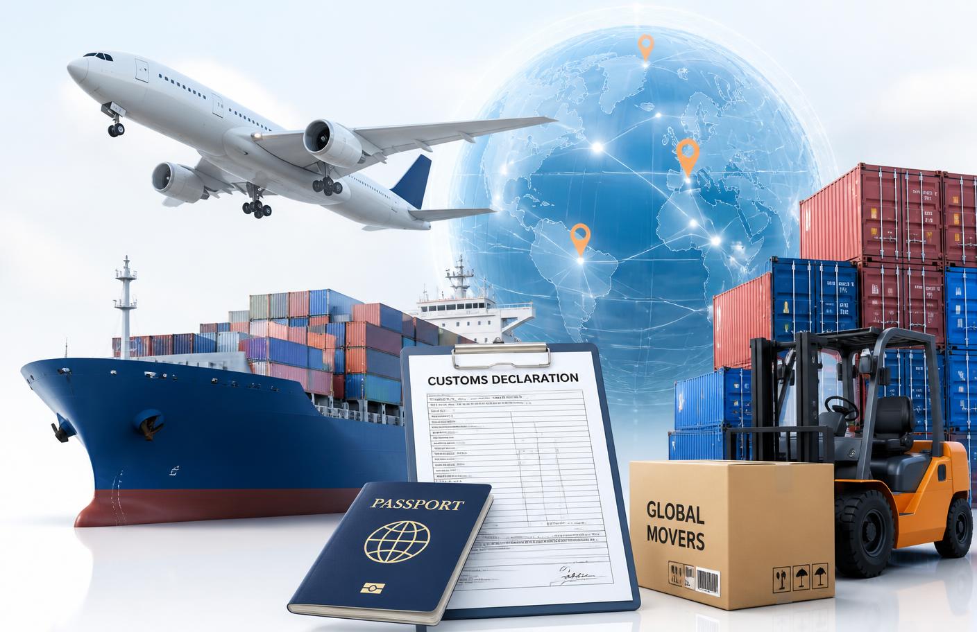 Avião, navio cargueiro, globo e contêineres representando logística internacional