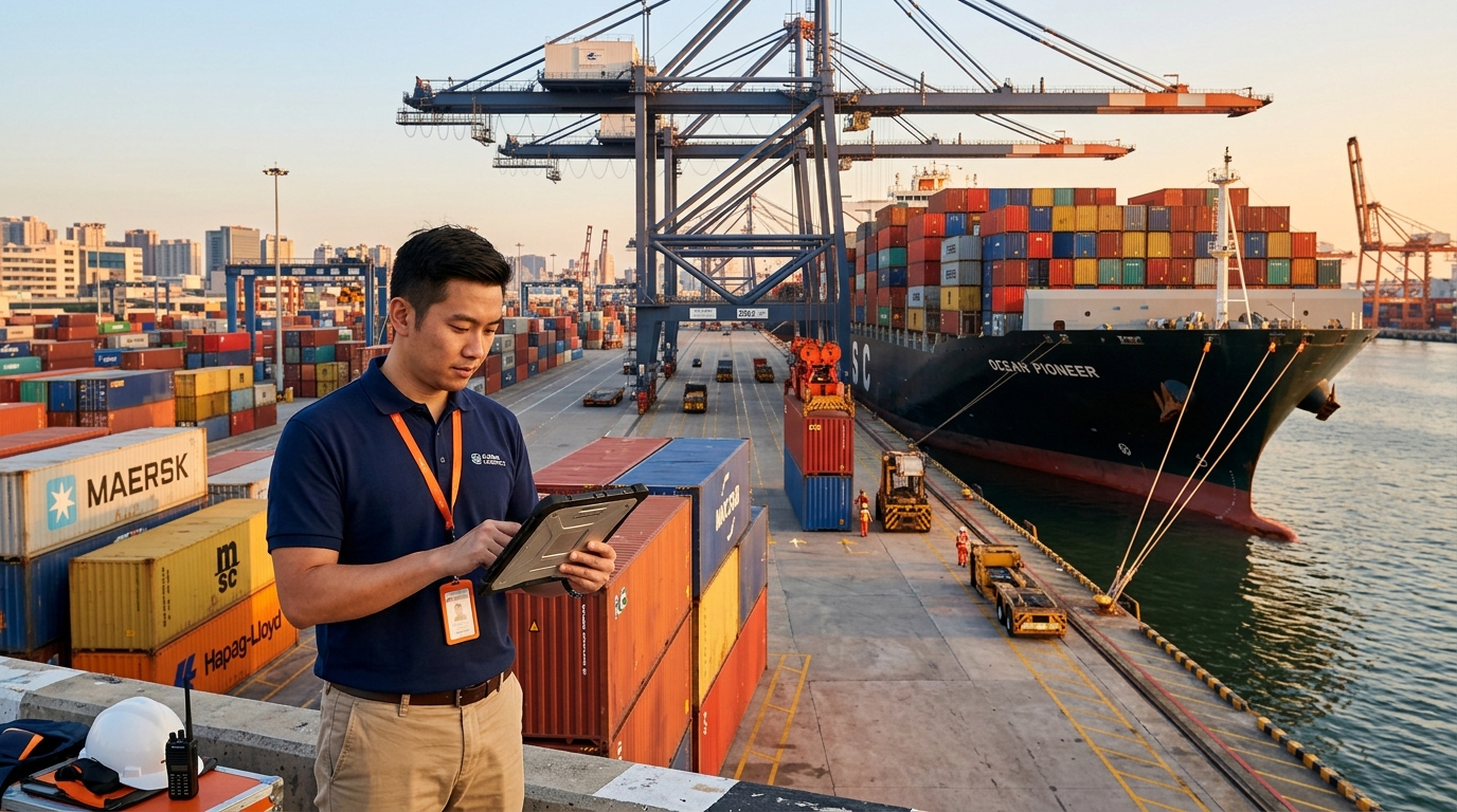 Porto com containers sendo descarregados de navio cargueiro