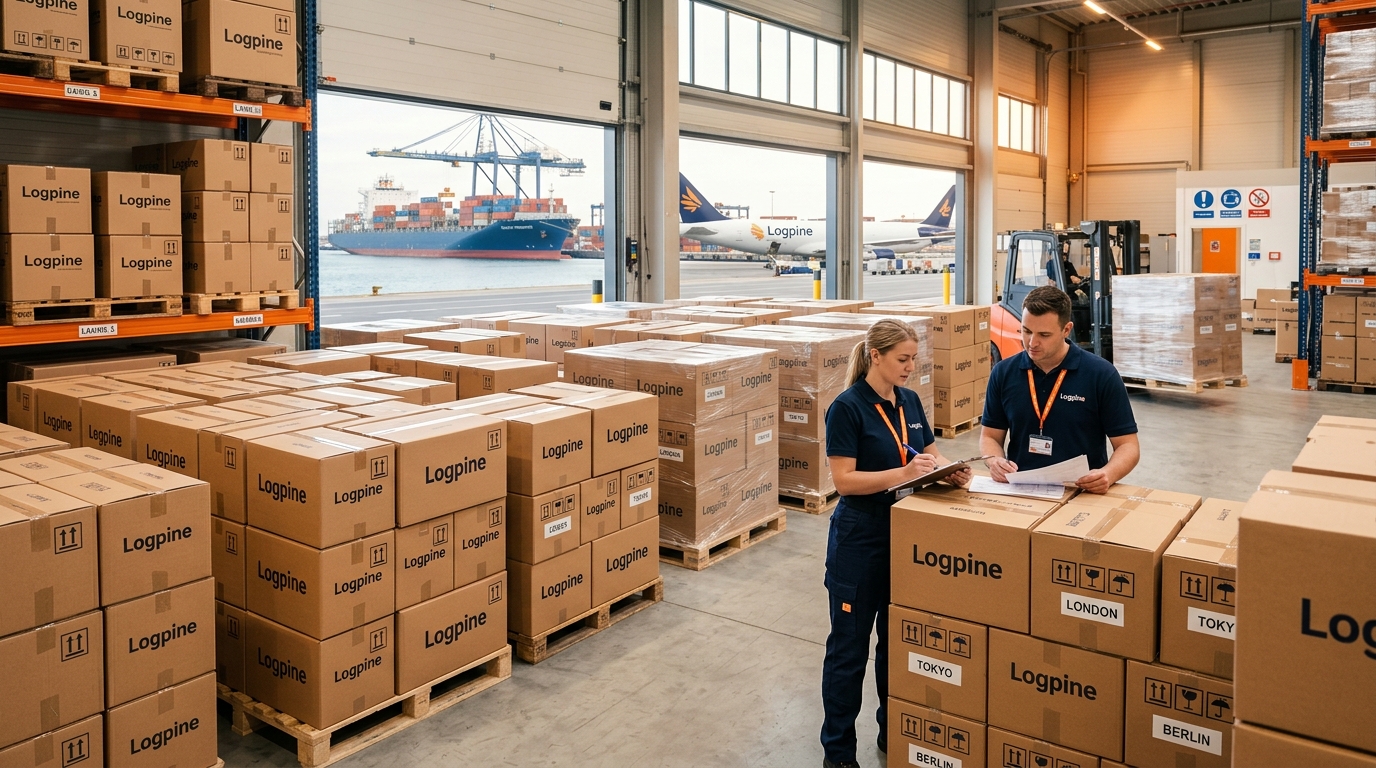 Equipe Logpine realizando embalagem profissional para mudança internacional